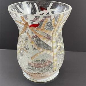 Crackle Glass Winter Cardinal Vase Birch Tree Etched Design 7.5” Holiday Decor